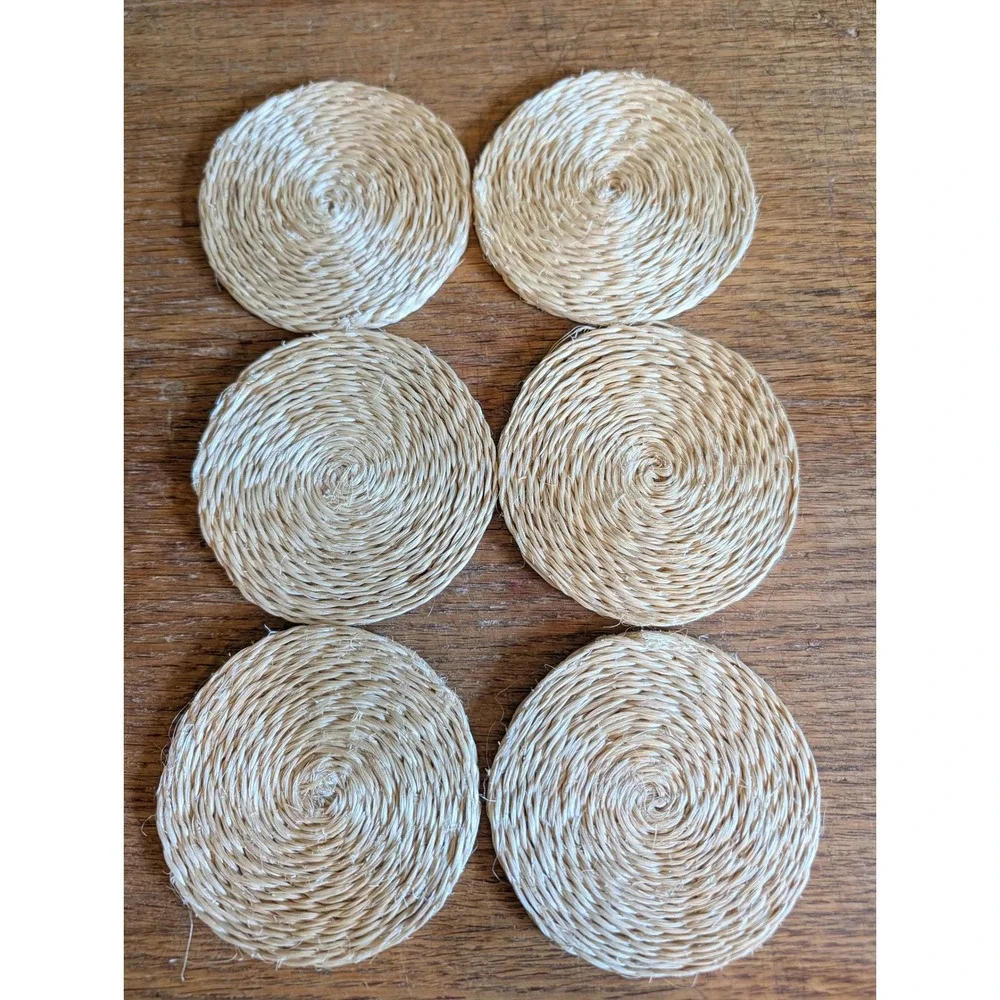 Vintage Hallie St. Mary Woven Abaca Fiber Coasters Set of 6 Natural Straw Boho